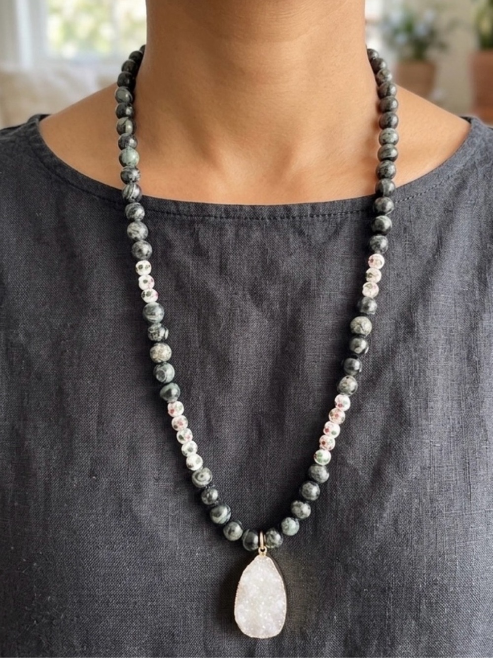 NEW Mary Kent Designs Green Kambaba Jasper, Wedding Cake, White Quartz Necklace